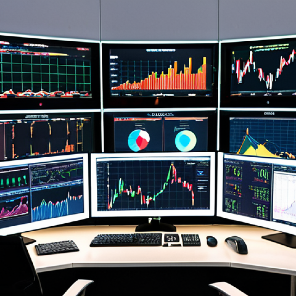 **Algorithmic Forex Trading Desk**: A modern, brightly lit forex trading desk filled with multiple monitors displaying complex charts, graphs, and real-time market data. Focus on the glow of the screens and the fast-paced environment, with subtle hints of artificial intelligence and automation in the background. Think "Bloomberg terminal aesthetic."