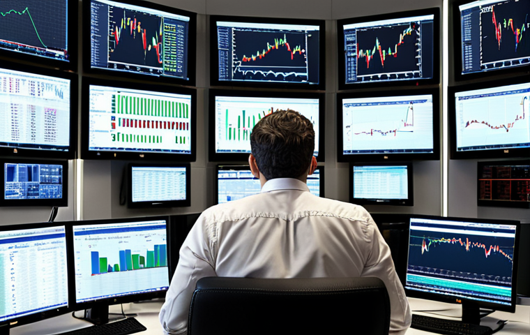 **A busy foreign exchange manager in a modern office, surrounded by multiple computer screens displaying financial charts and news headlines, with a focused expression while analyzing market data. Emphasize the fast-paced and demanding environment of Forex trading in Italy.**