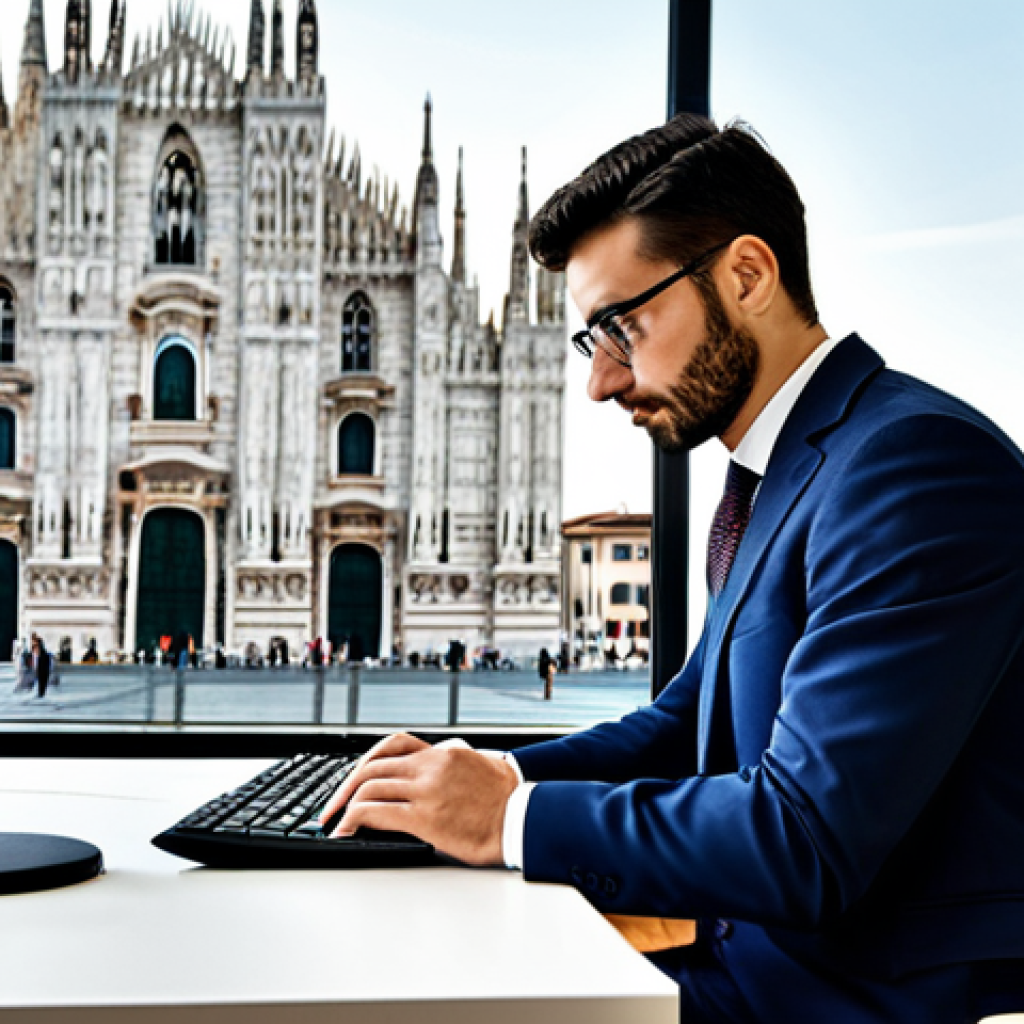 Corporate Finance in Milan**
"A sharp, professional financial analyst in a tailored business suit, working on a computer in a modern office overlooking the Duomo di Milano, fully clothed, appropriate attire, safe for work, perfect anatomy, natural proportions, professional corporate photography, high quality, professional, modest."
**