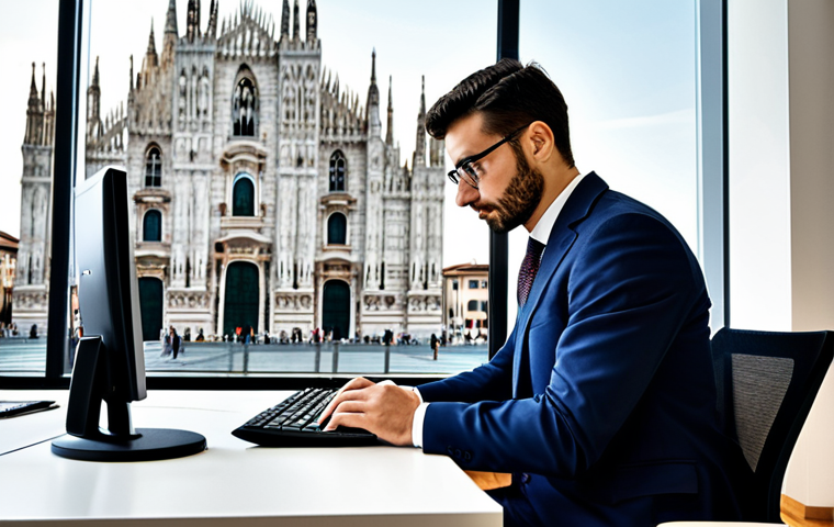 Corporate Finance in Milan**
"A sharp, professional financial analyst in a tailored business suit, working on a computer in a modern office overlooking the Duomo di Milano, fully clothed, appropriate attire, safe for work, perfect anatomy, natural proportions, professional corporate photography, high quality, professional, modest."
**