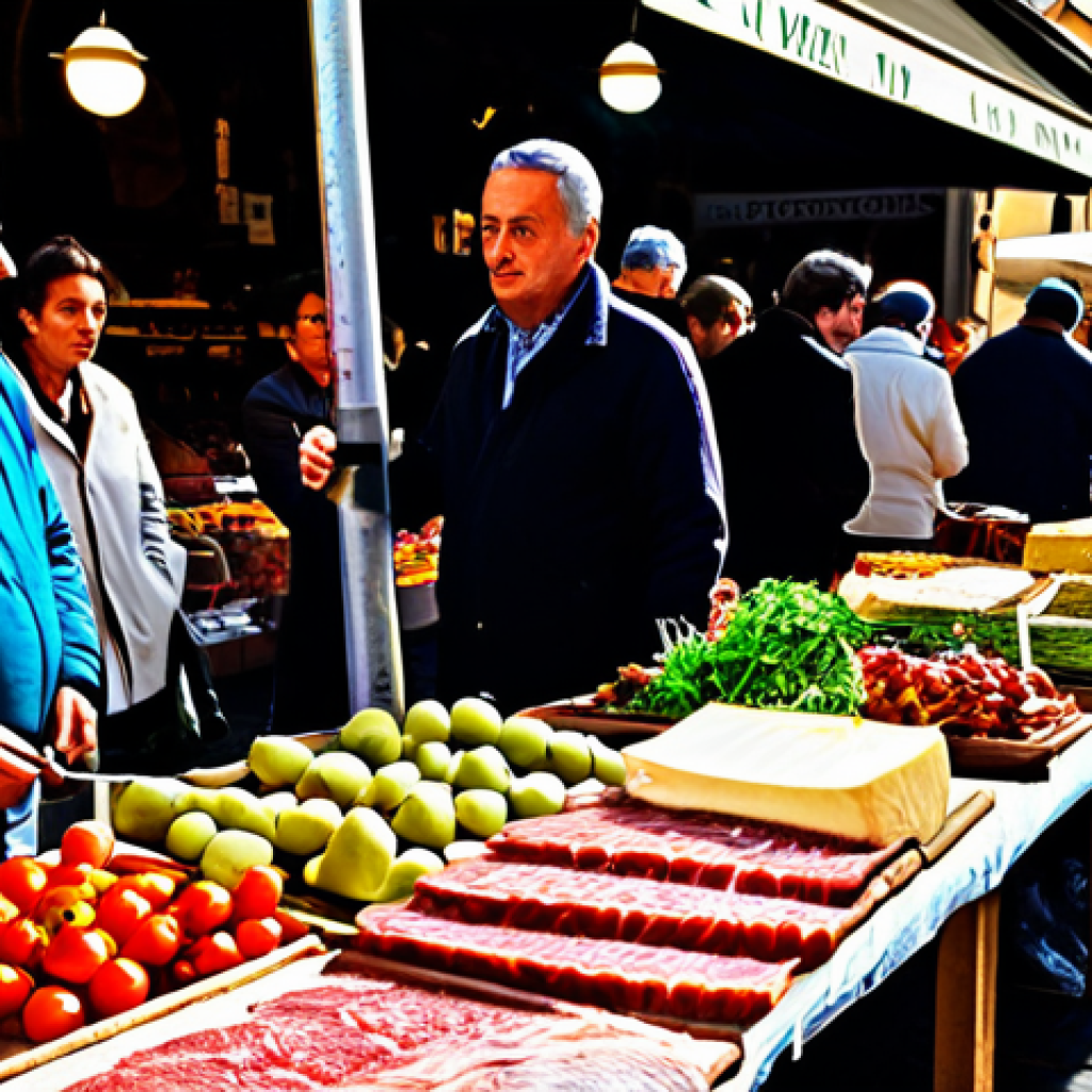 **
"A bustling outdoor market in Florence, Italy. Vendors are selling fresh produce, cheeses, and cured meats. Shoppers are browsing, exchanging Euros. Warm, sunny day. Focus on the vibrant colors and textures of the food. High detail, realistic style, professional photography." Safe for work, appropriate content, fully clothed, professional.
**
