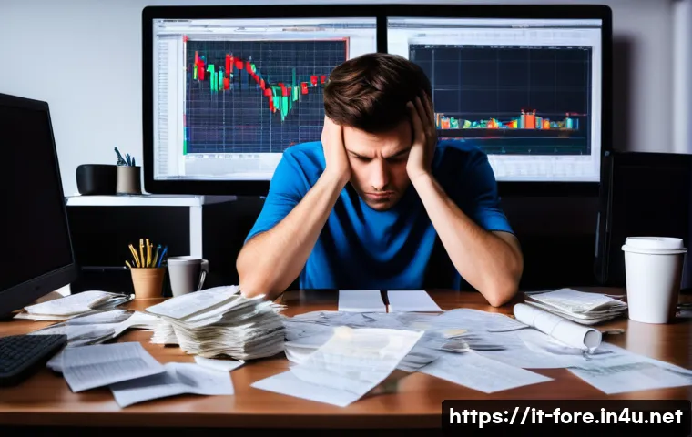 외환관리사와 외환 거래 실패 사례 - **A novice trader sits hunched over a desk in a dimly lit home office, surrounded by multiple comput...