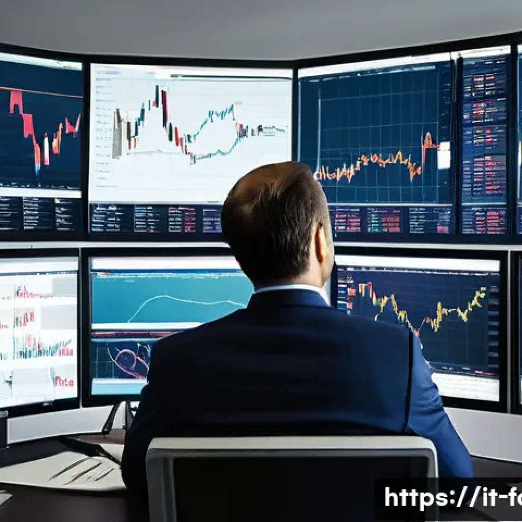 외환관리사와 외환 투자 전략 - A sophisticated financial analyst in a modern office setting, attentively watching multiple large sc...