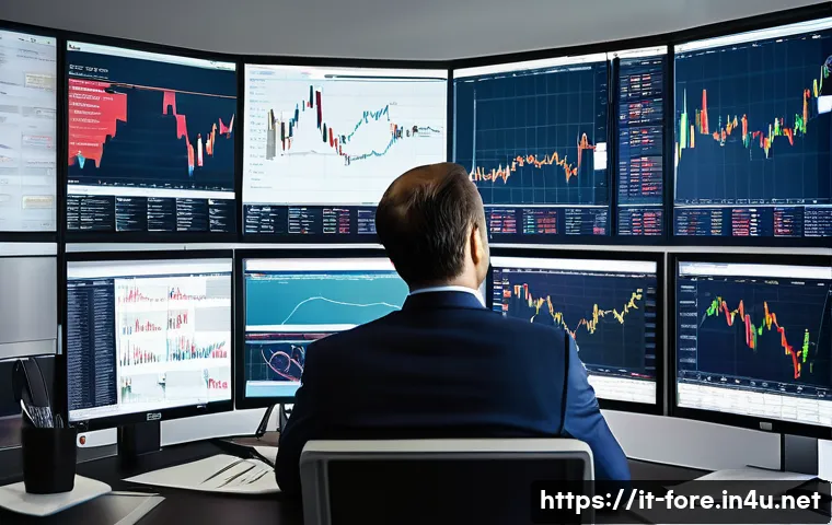 외환관리사와 외환 투자 전략 - A sophisticated financial analyst in a modern office setting, attentively watching multiple large sc...