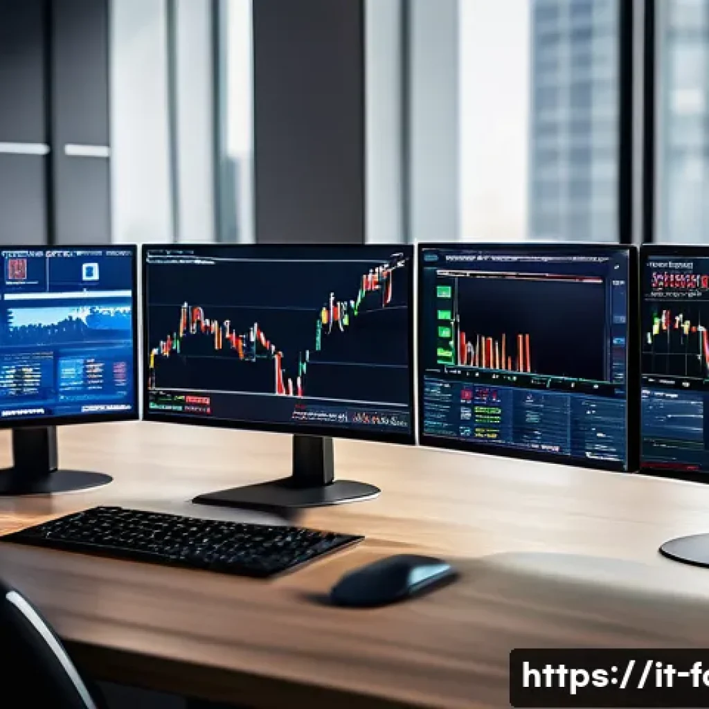 외환관리사와 신기술의 도입 사례 - A modern digital currency trading platform interface displayed on multiple sleek screens in a high-t...