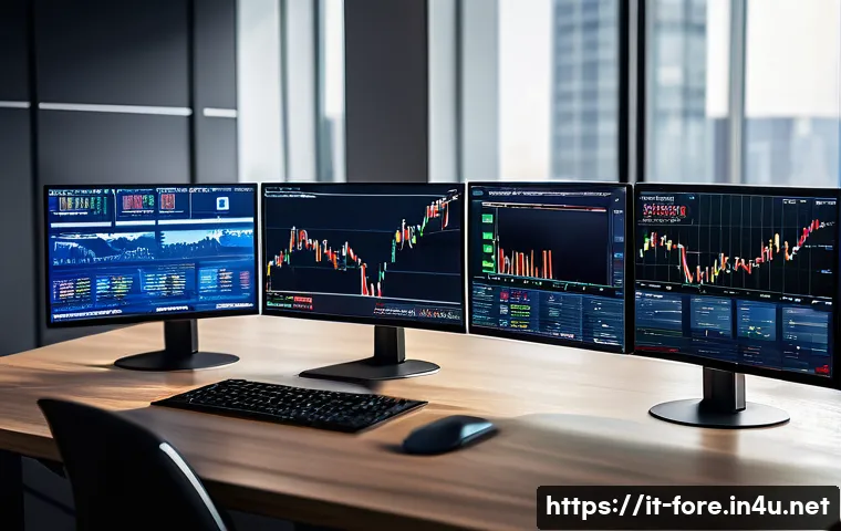 외환관리사와 신기술의 도입 사례 - A modern digital currency trading platform interface displayed on multiple sleek screens in a high-t...