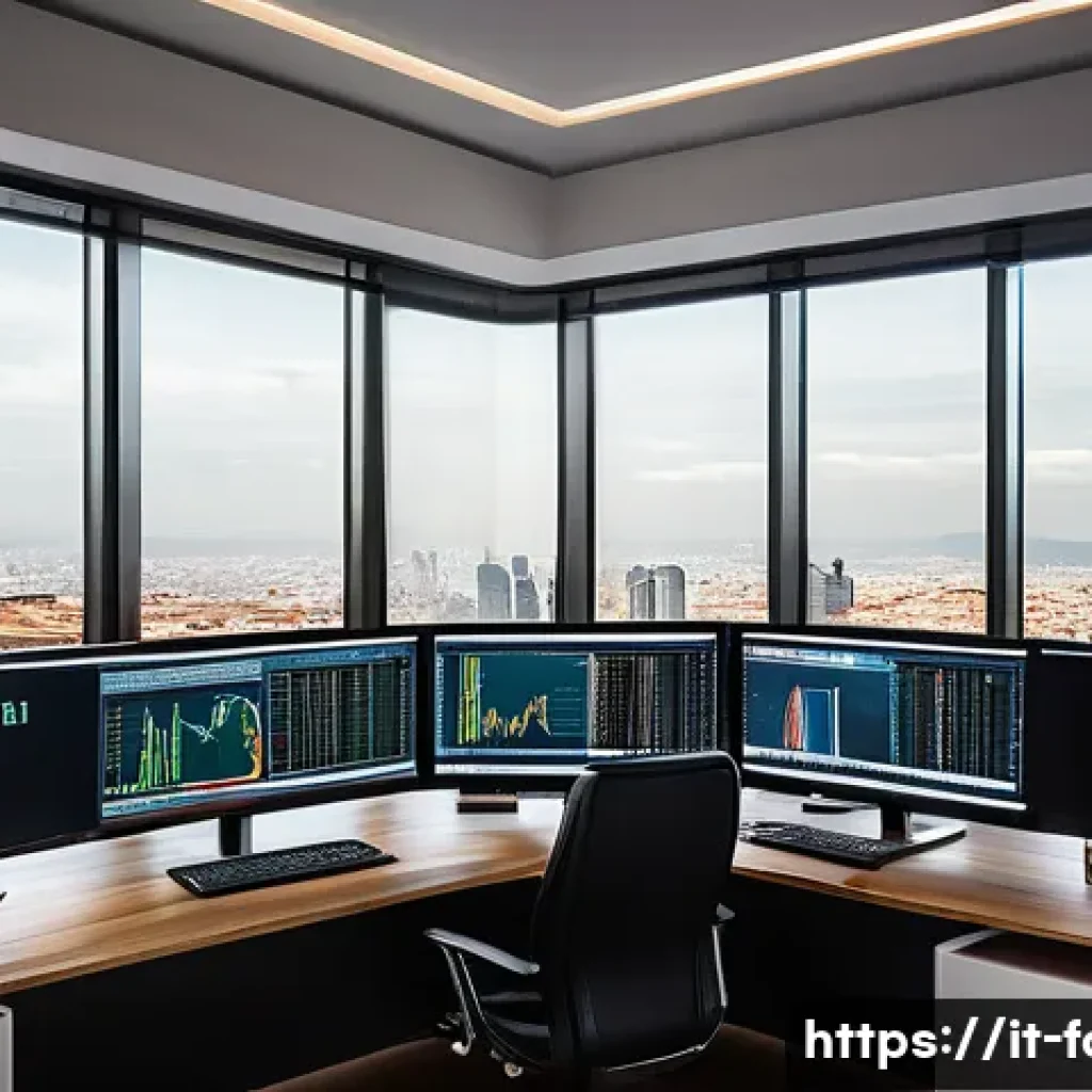 외환관리사와 외환 실무 역량 강화 사례 - A sophisticated financial trader&rsquo;s workspace in a modern European office setting, featuring multiple...