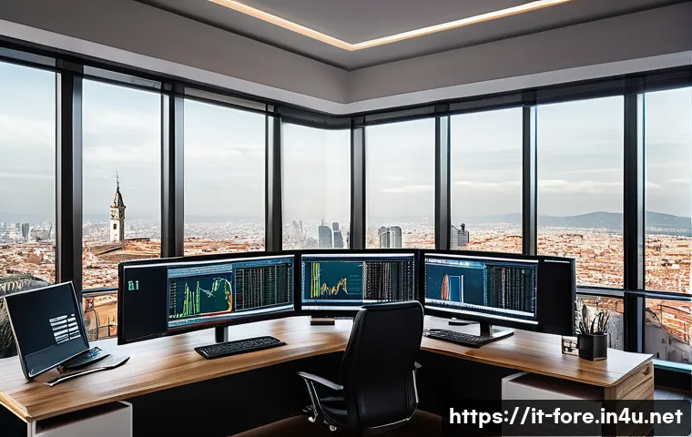 외환관리사와 외환 실무 역량 강화 사례 - A sophisticated financial trader&rsquo;s workspace in a modern European office setting, featuring multiple...