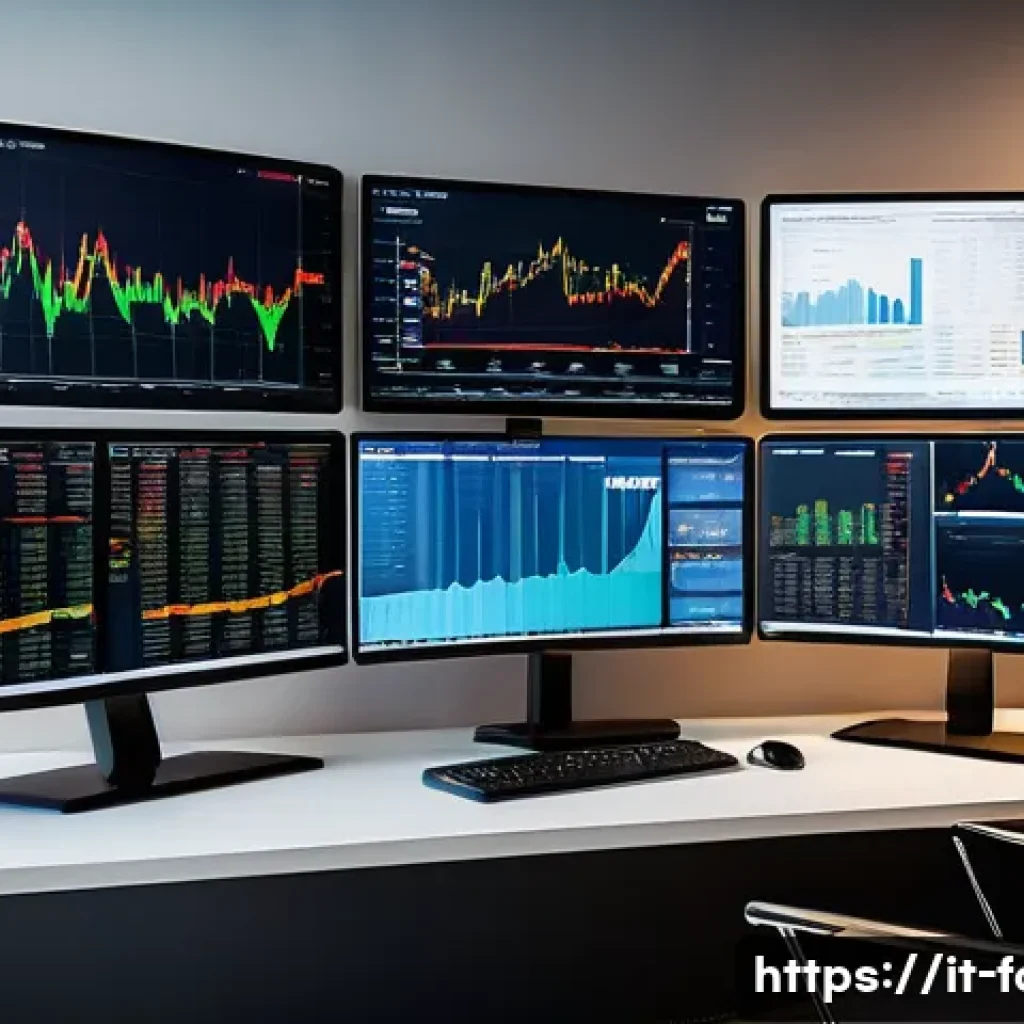 외환관리사와 금융 빅데이터 활용 - A sophisticated financial analyst workspace featuring multiple large monitors displaying real-time f...