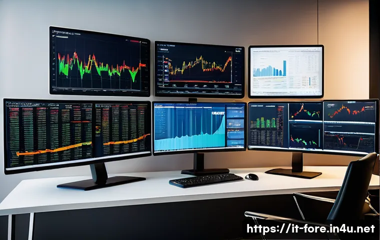 외환관리사와 금융 빅데이터 활용 - A sophisticated financial analyst workspace featuring multiple large monitors displaying real-time f...
