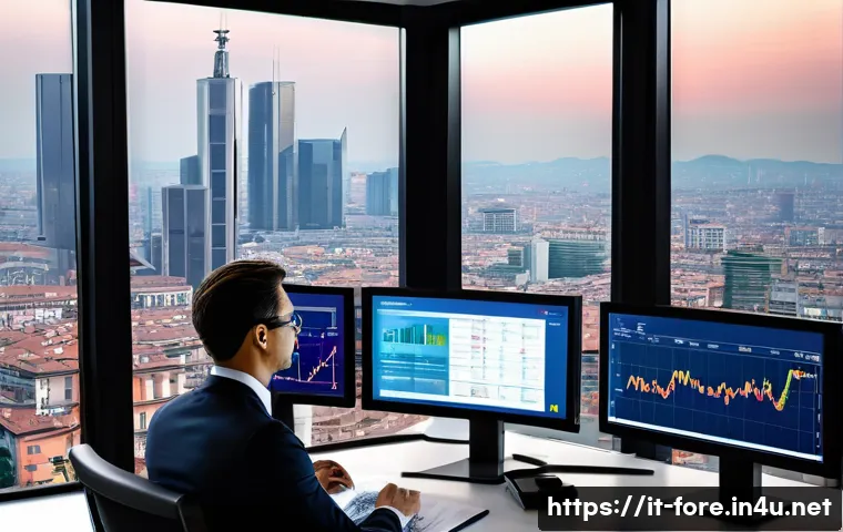 외환관리사와 글로벌 금융 위기 사례 - A sophisticated financial analyst office scene in Milan, Italy, featuring a professional in business...