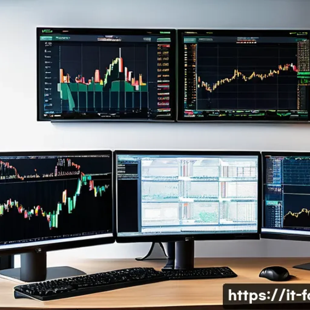 외환관리사와 경력 개발 전략 - A modern financial analyst&rsquo;s workspace in Milan, Italy, showcasing multiple large monitors displayin...