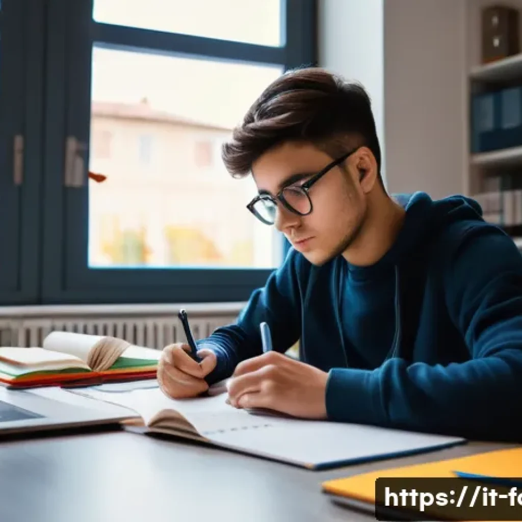 외환관리사 시험 과락 방지 전략 - A focused young Italian student sitting at a desk in a modern study room, surrounded by organized st...