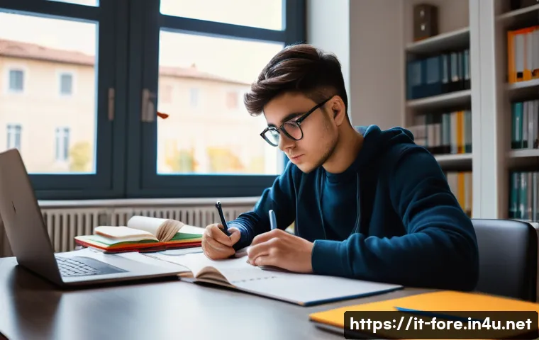 외환관리사 시험 과락 방지 전략 - A focused young Italian student sitting at a desk in a modern study room, surrounded by organized st...