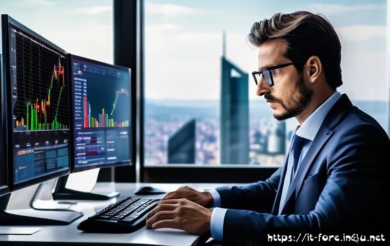 외환관리사와 외환선물거래 이해 - A sophisticated trading desk scene featuring an Italian trader analyzing multiple high-resolution fo...