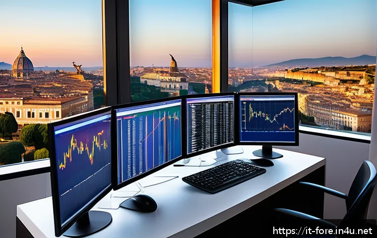 외환관리사 경력자의 조언 - A sophisticated financial analyst&rsquo;s desk in a modern Italian office overlooking Rome&rsquo;s skyline at su...