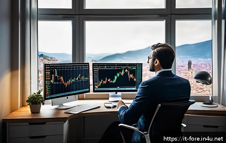 외환관리사와 외환 거래법 해설 - A professional Italian trader in a modern home office setting, focused on multiple computer screens ...