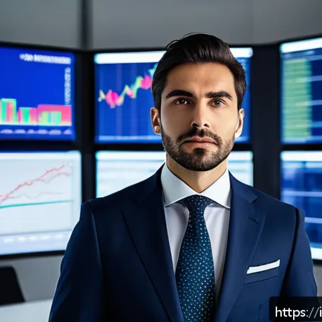 외환관리사와 외환 정책 변화 분석 연구 - A sophisticated Italian financial analyst in a modern office, surrounded by multiple large digital s...