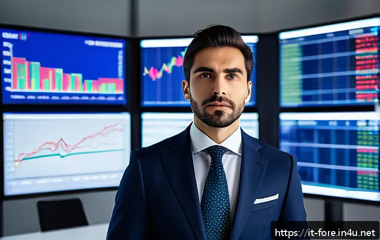 외환관리사와 외환 정책 변화 분석 연구 - A sophisticated Italian financial analyst in a modern office, surrounded by multiple large digital s...