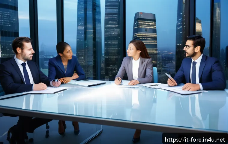 외환관리사 직무에서의 영어 활용법 - A professional international financial meeting scene set in a modern office with a diverse group of ...