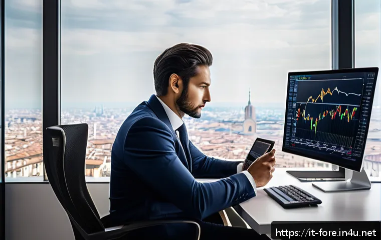 외환관리사와 외환 세미나 후기 - A sophisticated trading room scene set in Milan, featuring a professional Italian forex trader at a ...