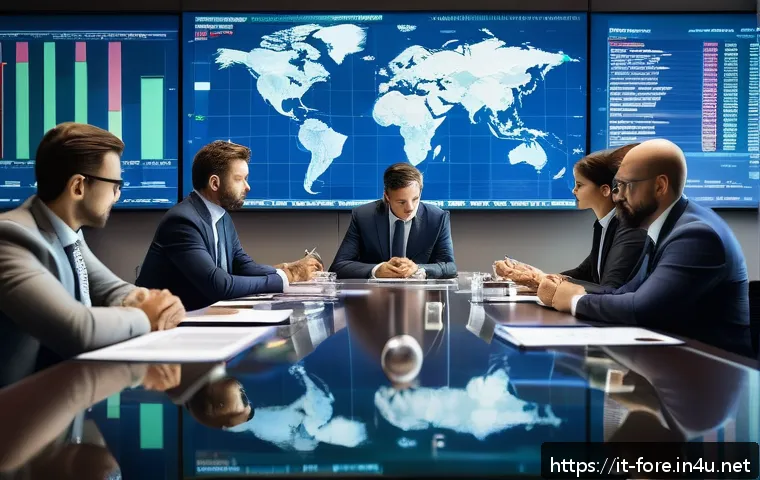 외환관리사와 해외 연수 경험 공유 - A professional international finance setting showing a diverse group of business people in formal at...