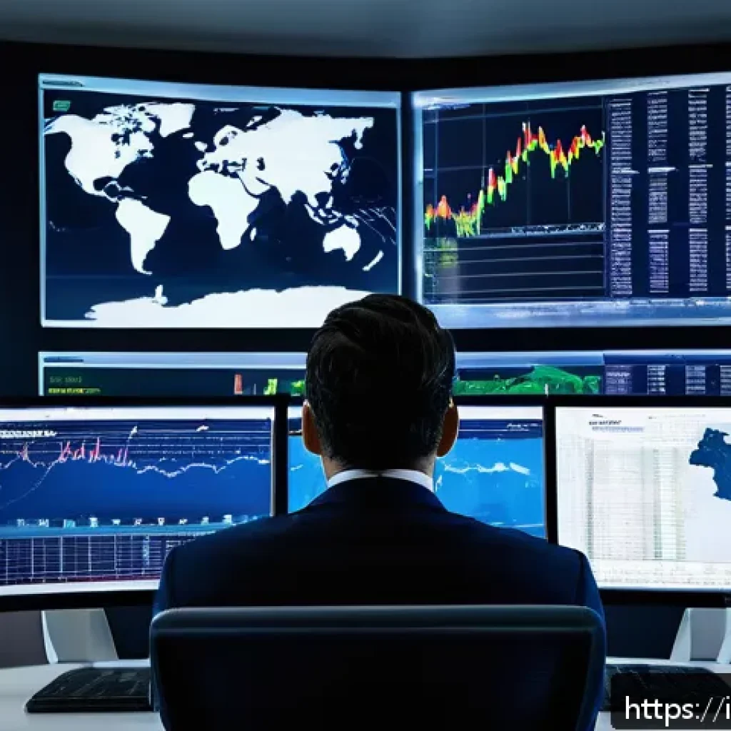 외환관리사 직무 교육 과정 소개 - A professional financial analyst in a modern Italian trading office, surrounded by multiple large sc...
