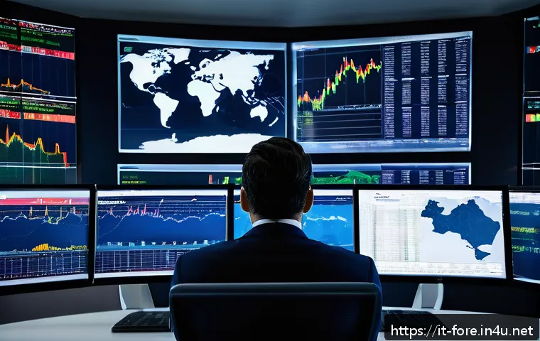 외환관리사 직무 교육 과정 소개 - A professional financial analyst in a modern Italian trading office, surrounded by multiple large sc...