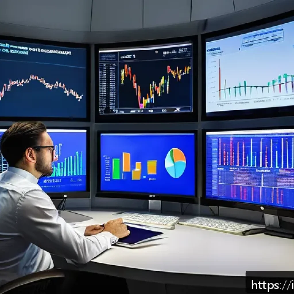 외환관리사와 중앙은행 발표 자료 분석 - A sophisticated financial analyst in a modern office setting, intensely studying multiple large digi...