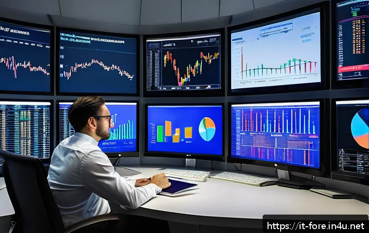 외환관리사와 중앙은행 발표 자료 분석 - A sophisticated financial analyst in a modern office setting, intensely studying multiple large digi...
