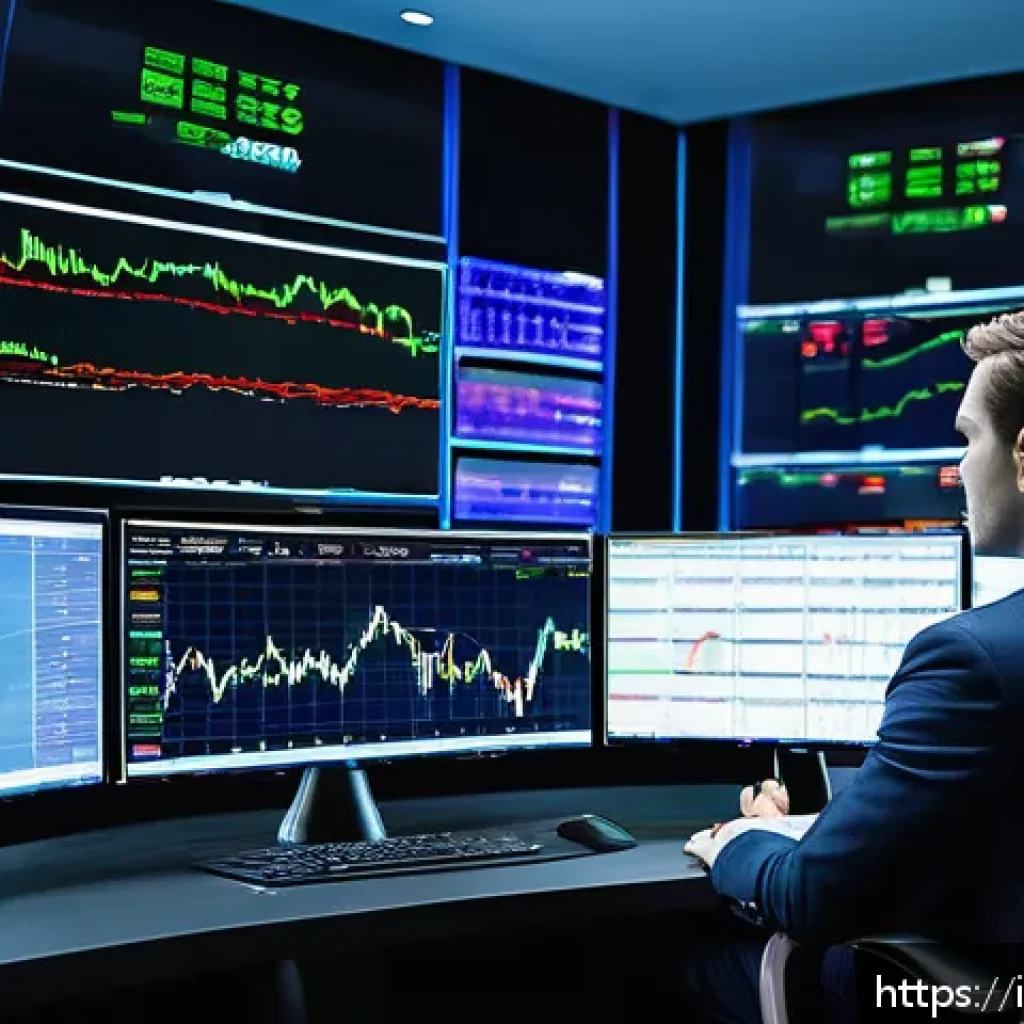 외환관리사와 외환 시장 변화 연구 사례 - A sophisticated financial trader’s office with multiple large monitors displaying real-time global f...