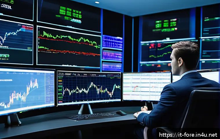 외환관리사와 외환 시장 변화 연구 사례 - A sophisticated financial trader&rsquo;s office with multiple large monitors displaying real-time global f...
