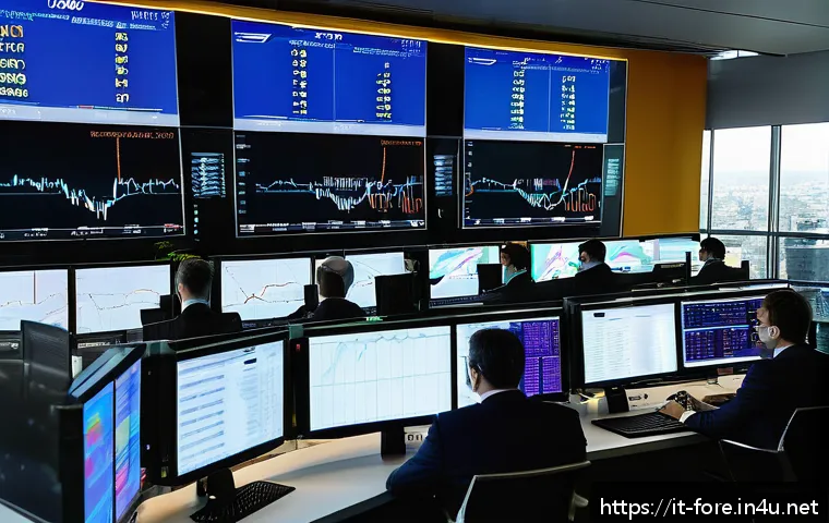 외환관리사와 외환 시장 변화 트렌드 분석 - A sophisticated financial trading room in Milan, with large digital screens displaying real-time for...