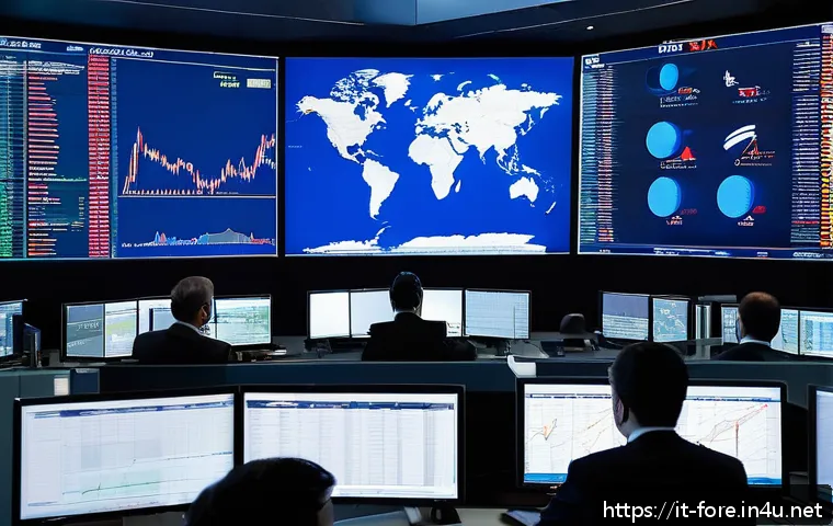 외환관리사와 글로벌 기업 취업 전략 - A sophisticated modern trading room in Milan, filled with large digital screens displaying real-time...