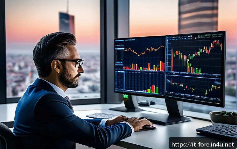 외환관리사와 외환 시장 변화 연구 - A sophisticated forex trading room scene in Milan, Italy, featuring a professional trader analyzing ...