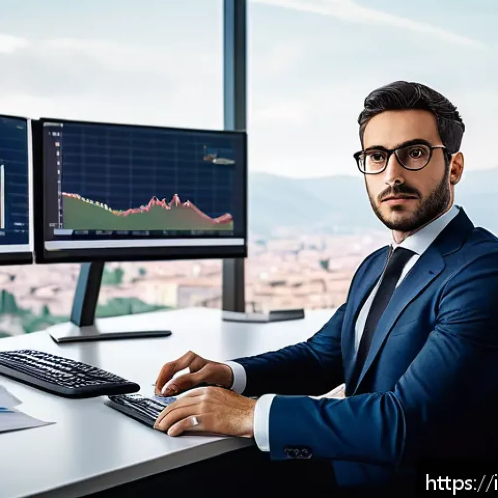 외환관리사와 직무 관련 자격증 비교 - A professional Italian financial analyst in a modern office setting, dressed in business attire with...