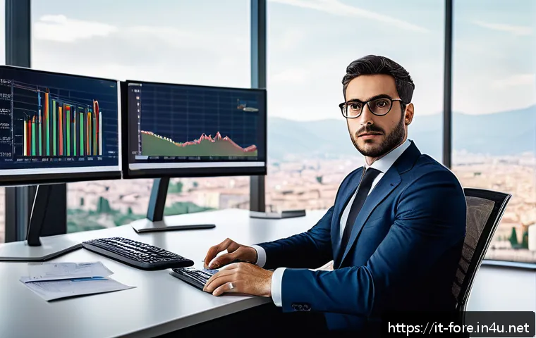외환관리사와 직무 관련 자격증 비교 - A professional Italian financial analyst in a modern office setting, dressed in business attire with...