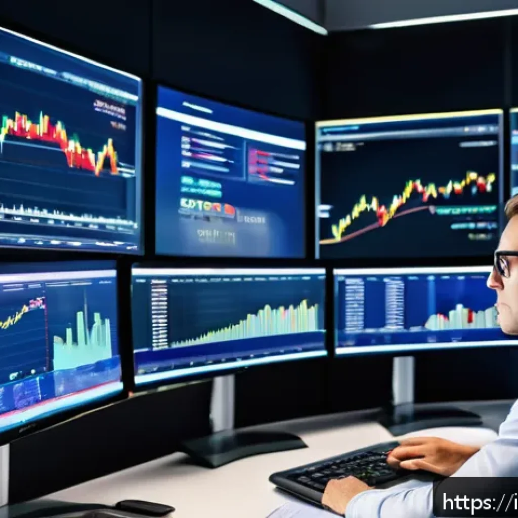 외환관리사와 환율 변동 분석 - A sophisticated financial analyst workspace featuring multiple high-resolution monitors displaying r...