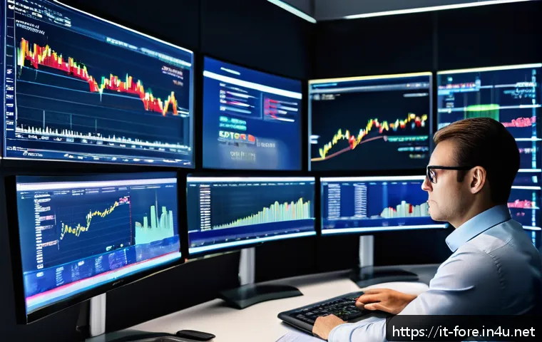외환관리사와 환율 변동 분석 - A sophisticated financial analyst workspace featuring multiple high-resolution monitors displaying r...