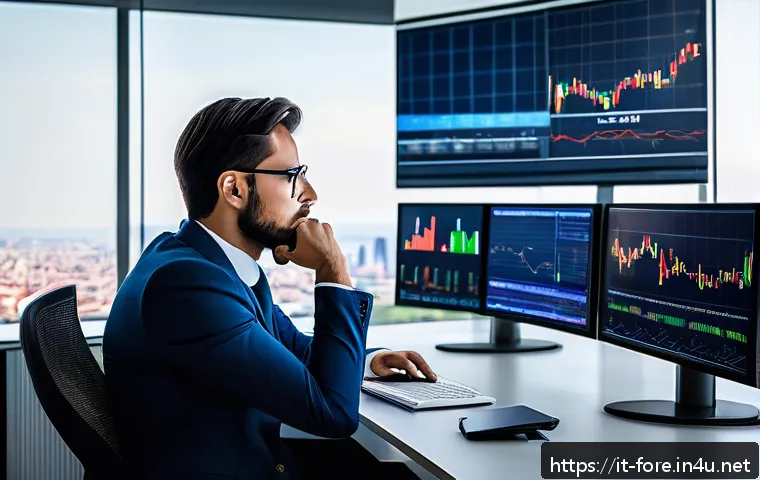 외환관리사와 금융 시장 이슈 - A modern Italian financial office setting with a professional male trader analyzing dual computer sc...