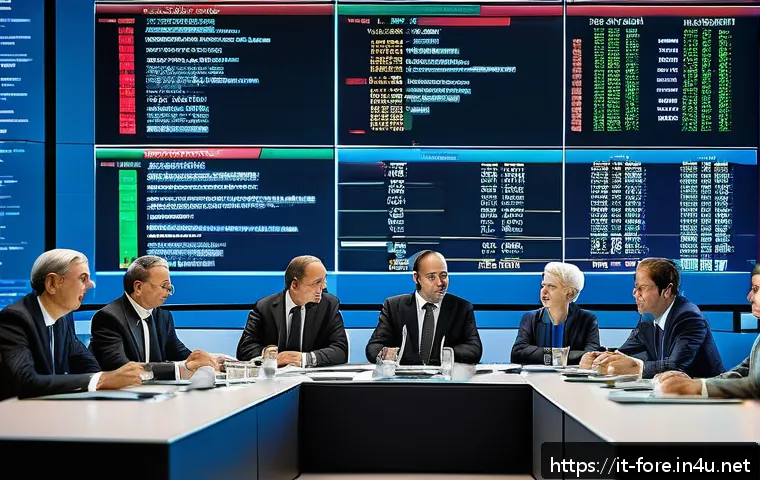 외환관리사와 금융 시장 흐름 - A sophisticated central bank conference room scene featuring a diverse group of professional economi...