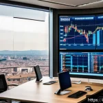 외환관리사 업무 일기 - A sophisticated financial analyst&rsquo;s modern office in Milan with panoramic city views, multiple large...