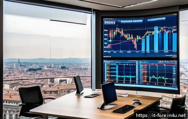 외환관리사 업무 일기 - A sophisticated financial analyst’s modern office in Milan with panoramic city views, multiple large...