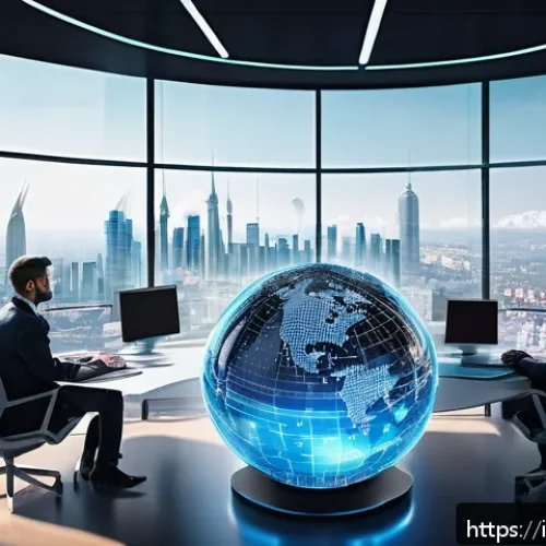 외환관리사와 블록체인 활용 - A futuristic international currency exchange scene featuring a transparent digital globe with glowin...