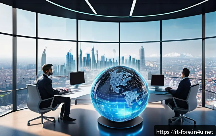 외환관리사와 블록체인 활용 - A futuristic international currency exchange scene featuring a transparent digital globe with glowin...