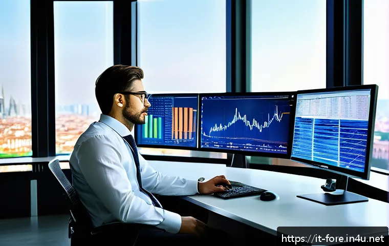 외환관리사 연봉 협상 노하우 - A modern office setting in Milan, Italy, showing a professional financial analyst in business attire...