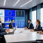 외환관리사와 외환 위험 평가 방법 - A modern Italian financial office environment with a diverse team of professionals analyzing currenc...