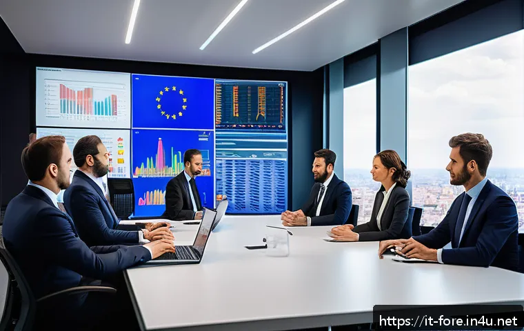 외환관리사와 외환 위험 평가 방법 - A modern Italian financial office environment with a diverse team of professionals analyzing currenc...