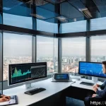 외환관리사와 리더십 스킬 - A sophisticated financial trading office set in Milan, featuring a diverse team of professionals ana...